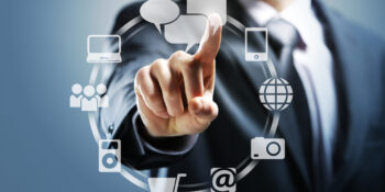 touchscreen interface Businessman pressing virtual icons